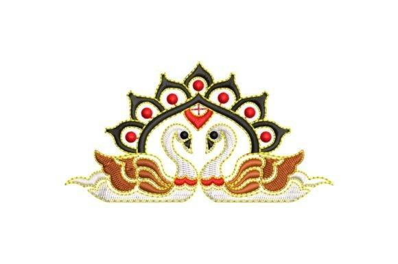 Pair of swan birds embroidery design with decorative elements in gold, red, and black — bird embroidery designs