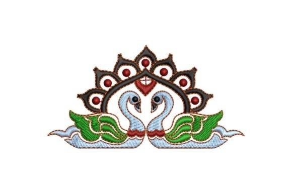 Pair of swan bird embroidery designs with green wings and decorative brown and red accents