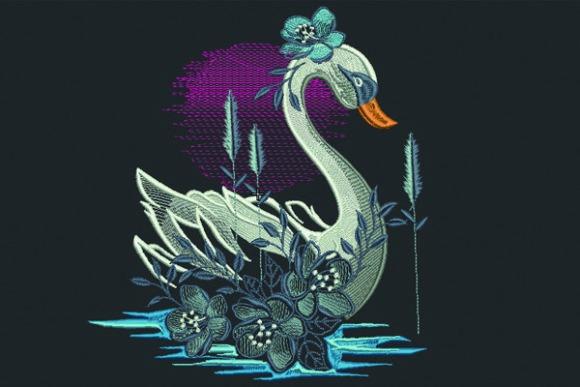 Elegant swan bird embroidery design with floral accents and decorative water elements — bird embroidery designs