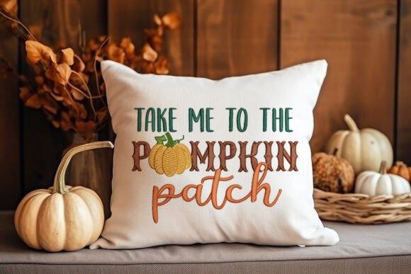 Cozy pillow with pumpkin embroidery designs featuring the phrase 'Take me to the pumpkin patch' in fall colors