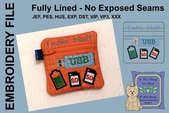 4x4 machine embroidery projects Techie Stuff Mini Zipper Bag with USB and SD card designs on orange fabric