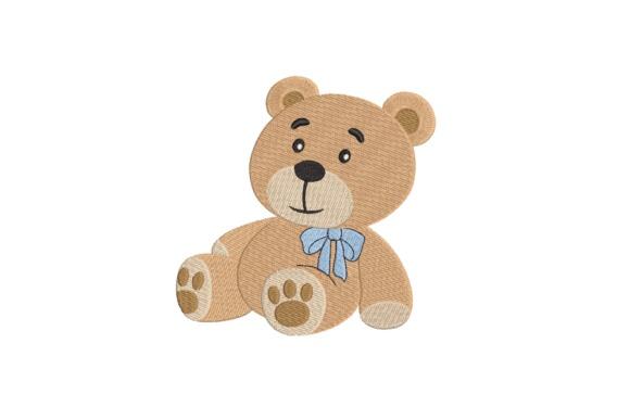Teddy bear embroidery with blue bow sitting facing forward for baby projects