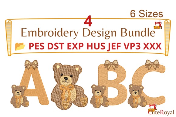 Etsy embroidery files for machine embroidery projects featuring teddy bear alphabet letters A B C in 6 sizes