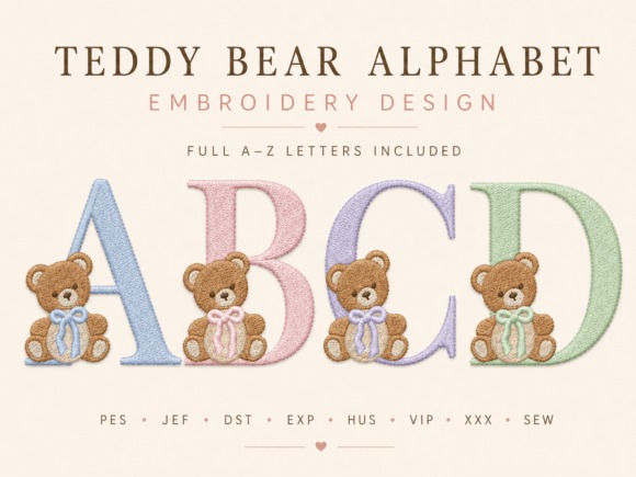 Etsy embroidery files for machine embroidery projects featuring teddy bear alphabet letters A to D in pastel colors with
