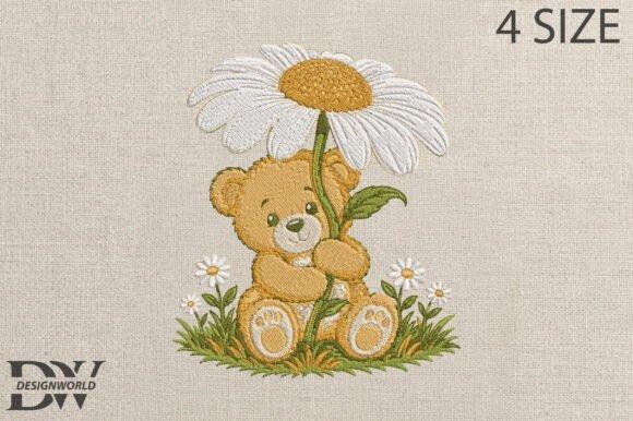 Teddy bear holding a large daisy flower embroidery design for baby blanket embroidery