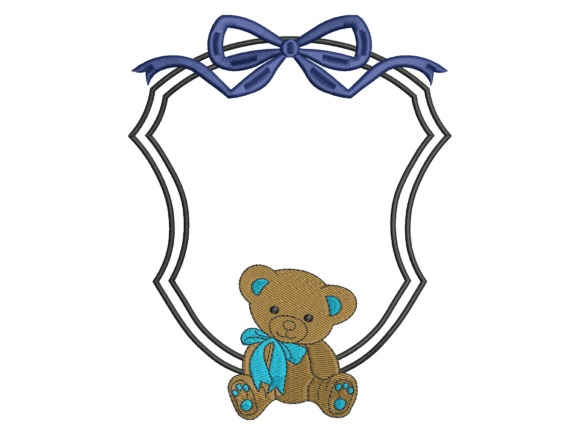 Etsy embroidery files for machine embroidery projects featuring a teddy bear with a blue bow inside a decorative embroidery