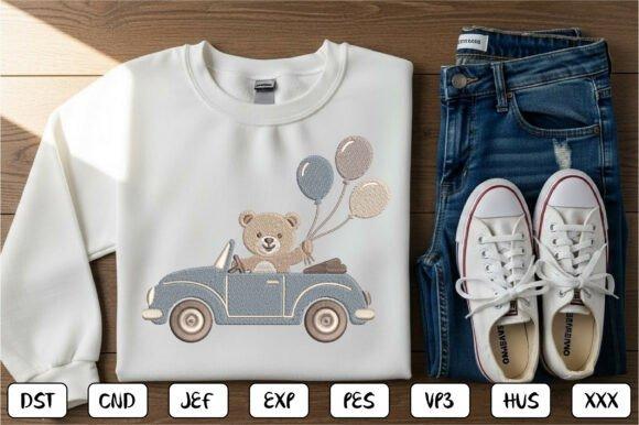 Teddy bear embroidery of a bear riding a vintage blue car holding balloons on a white sweatshirt