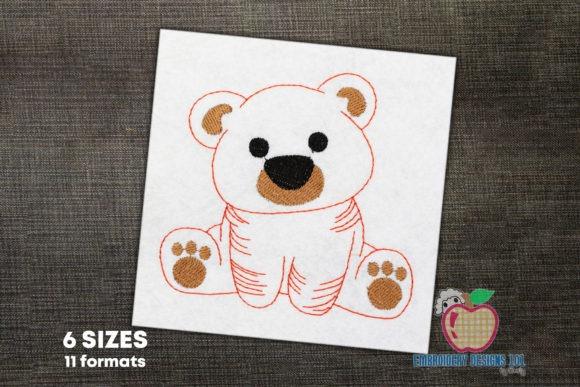 teddy bear embroidery design with brown and black stitched details on white fabric