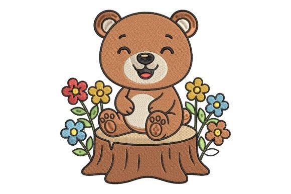 Teddy bear embroidery design sitting on a tree stump surrounded by colorful flowers