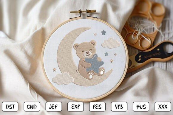 Teddy bear embroidery sitting on a crescent moon holding a blue star with clouds and stars around