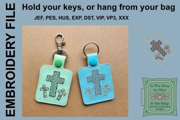 Three Crosses Key Fob embroidery design showing two key fobs with three crosses in 4x4 machine embroidery projects