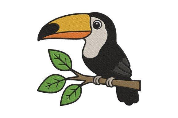 Toucan bird embroidery design with oversized beak and leafy branch in bird embroidery designs