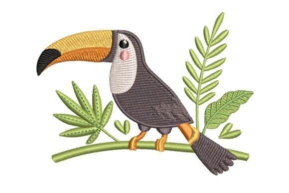 Toucan bird embroidery design perched on a branch with green tropical leaves, bird embroidery designs