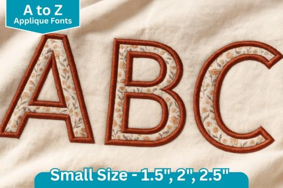Embroidery fonts showing letters A, B, C with brown applique stitching on fabric in small sizes