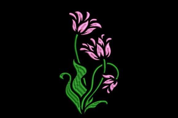flower embroidery designs showing a slim tulip with pink petals and green stem and leaves on black background