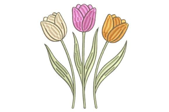 Three blooming tulips with stems and leaves embroidery design for flower embroidery designs