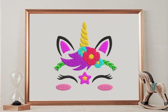 kids embroidery designs colorful unicorn face with yellow horn, purple mane, flowers, and closed eyes