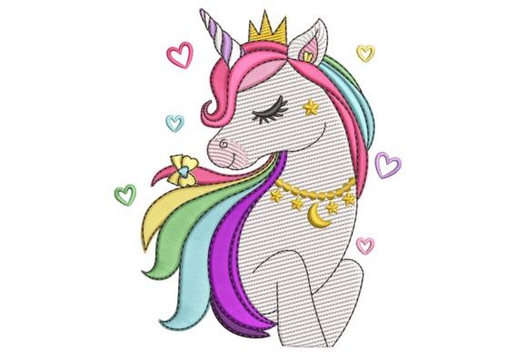 Unicorn embroidery design with crowned unicorn, rainbow mane, stars, moon, and heart details for kids embroidery designs