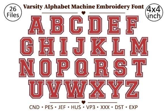 Varsity alphabet embroidery designs with bold collegiate letters A to Z for 4x4 inch hoop — embroidery alphabet designs