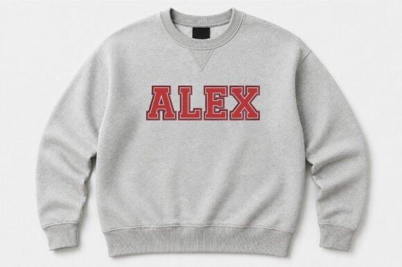 Gray sweatshirt with varsity alphabet embroidery spelling ALEX in red and white stitching — embroidery sweatshirt ideas