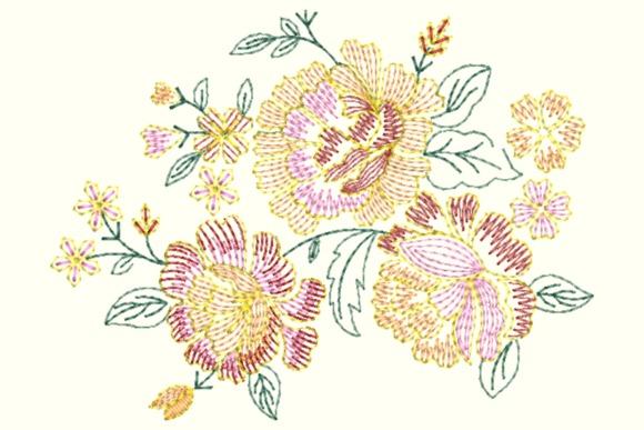 Vintage floral bouquet embroidery with yellow and pink flowers and green leaves — wedding dress embroidery