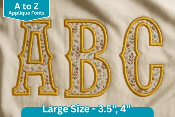 Embroidery alphabet designs showing vintage serif applique letters A, B, and C with yellow borders and patterned fabric fill