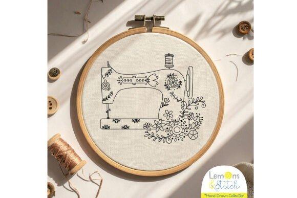 Hand embroidery designs featuring a vintage Singer sewing machine silhouette with floral decorations in a wooden hoop