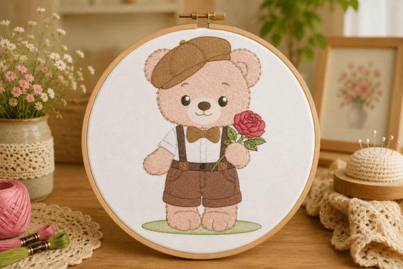 Vintage teddy bear embroidery design with cap, bow tie, suspenders, and rose detail in hoop