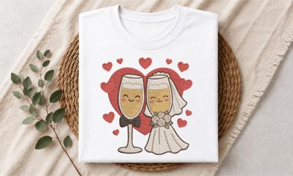 Wedding embroidery designs for bridal gifts featuring bride and groom champagne flutes with hearts on white fabric
