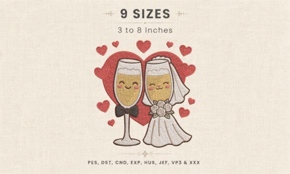 Wedding embroidery hoop designs featuring bride and groom champagne flutes with hearts