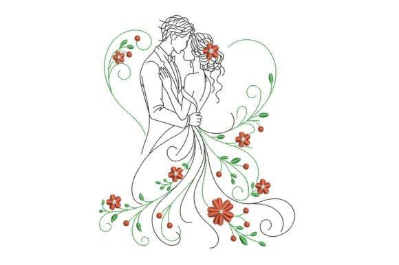 Wedding embroidery designs for bridal gifts featuring an embracing bride and groom inside a floral heart arrangement with
