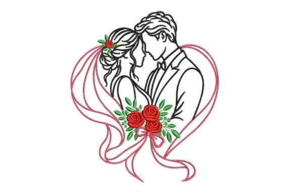 Wedding embroidery hoop designs featuring a bride and groom with red roses and heart-shaped ribbon