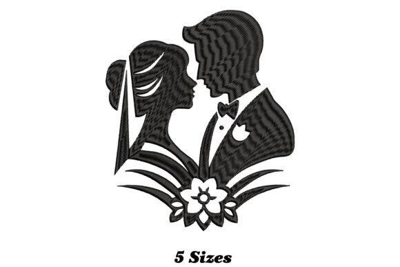 Wedding veil embroidery featuring a black silhouette of a bride and groom with floral accents in five sizes