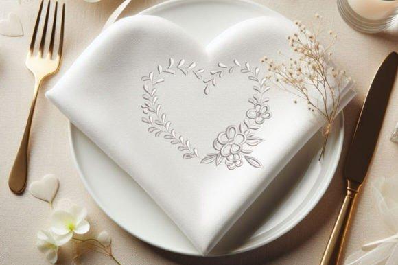 White napkin with embroidered heart made of twigs and floral elements on a white plate with gold — embroidered wedding gift
