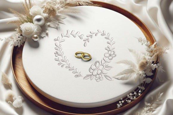 Embroidered wedding gift featuring a monochrome heart of twigs and floral elements with two gold rings