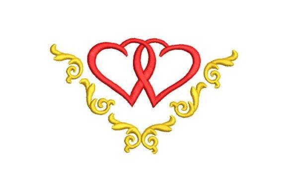 Two red intertwined hearts with yellow decorative swirls embroidery design for an embroidered wedding gift