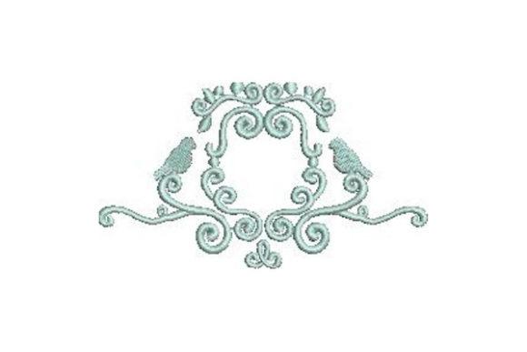 Wedding dress embroidery featuring a compact single-color monogram design with birds and scrolls