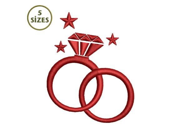 Wedding veil embroidery design featuring two red wedding rings with a diamond and three stars