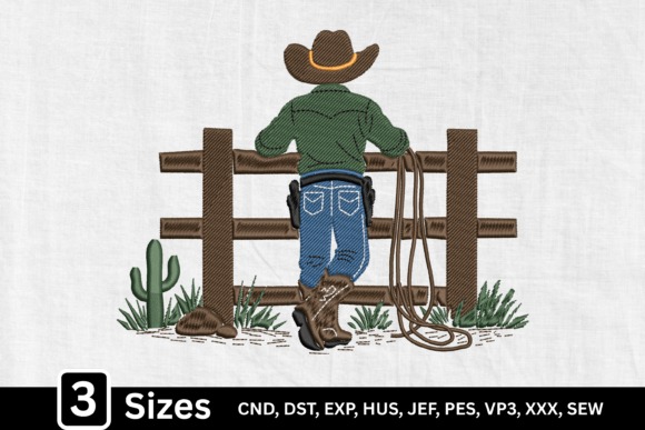 Etsy embroidery files for machine embroidery projects showing a cowboy leaning on a wooden fence with a lasso and cactus