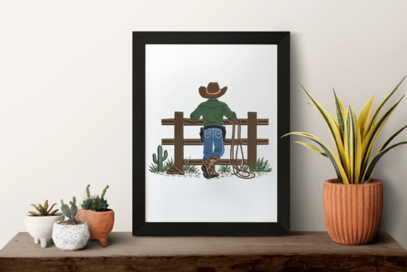 Etsy embroidery files for machine embroidery projects showing a cowboy leaning on a wooden fence with cactus and grass