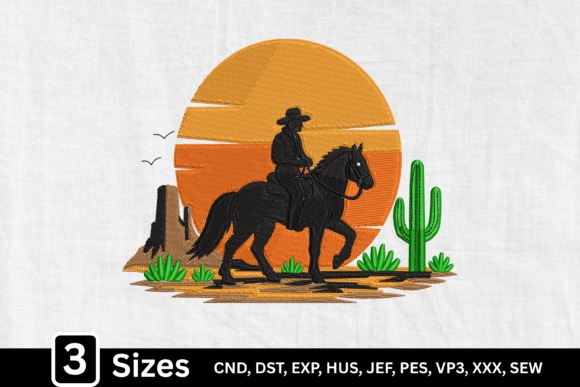 Etsy embroidery files for machine embroidery projects featuring a western cowboy sunset horse rider design