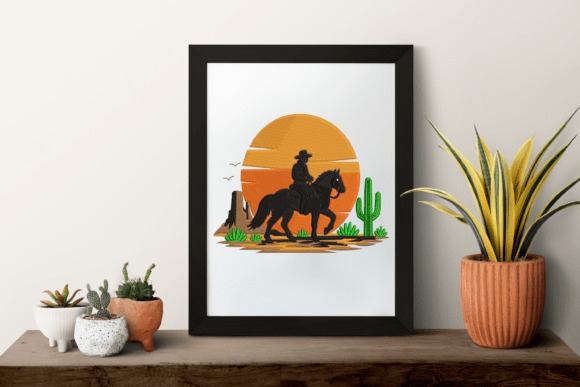 Etsy embroidery files for machine embroidery projects featuring a horse rider silhouette against an orange sunset with