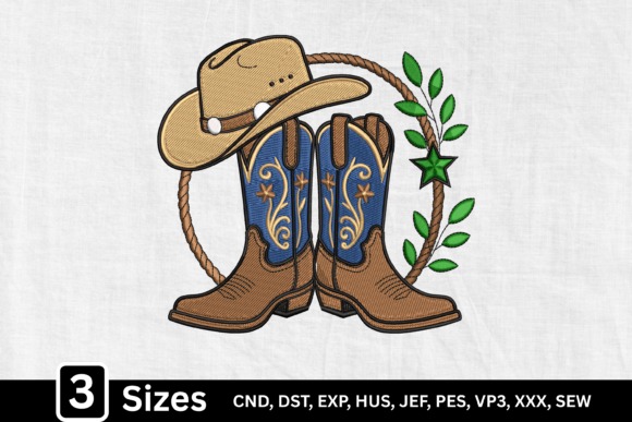 Etsy embroidery files for machine embroidery projects featuring western cowgirl cowboy hat and boots with decorative rope