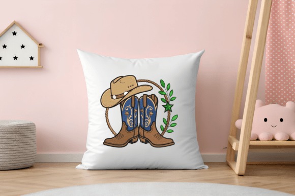 Etsy embroidery files for machine embroidery projects featuring cowgirl hat and boots motif on white pillow