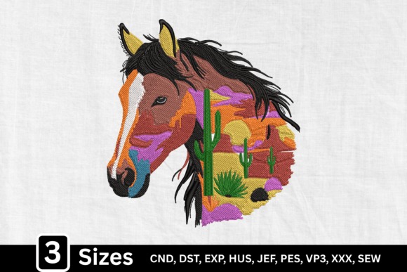 Etsy embroidery files for machine embroidery projects featuring a western horse head with desert landscape and cacti