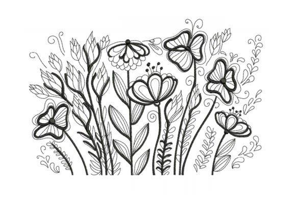 Black and white line drawing of various wildflower embroidery designs with detailed petals and leaves