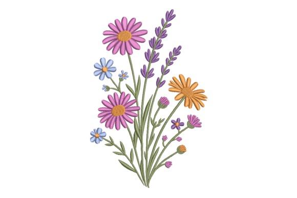 Wildflower embroidery design featuring a balanced bouquet of purple, orange, and blue flowers with green stems
