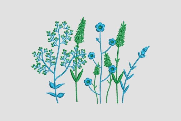 flower embroidery designs showing a wildflower bouquet with blue flowers and green stems