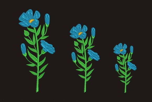 Three sizes of a blue wildflower embroidery design with green stems and leaves, arranged — flower embroidery designs