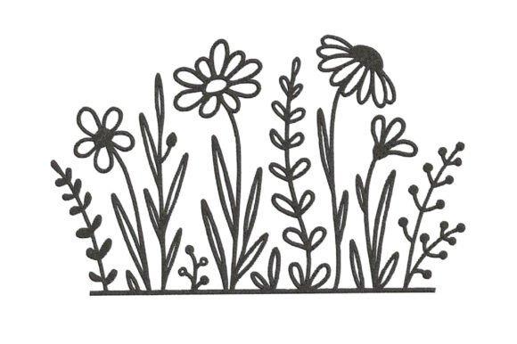 Wildflower embroidery line art with simple flowers and leaves in a minimal botanical design